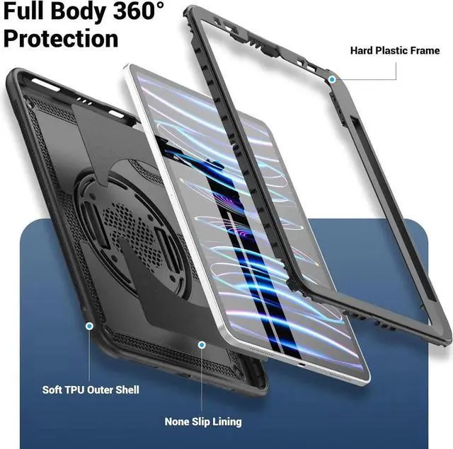 Alt view image 5 of 7 - JAENFONG Case for iPad Air 5 (2022) M1 Chip/iPad Air 4th 2020 10.9 inch Multilayered Rugged Durable Shockproof Tablet Cover with 360° Rotating Hand Strap Foldable Hidden Stand, Black