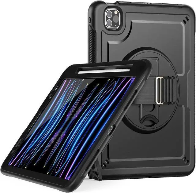 Main image of JAENFONG Case for iPad Air 5 (2022) M1 Chip/iPad Air 4th 2020 10.9 inch Multilayered Rugged Durable Shockproof Tablet Cover with 360° Rotating Hand Strap Foldable Hidden Stand, Black