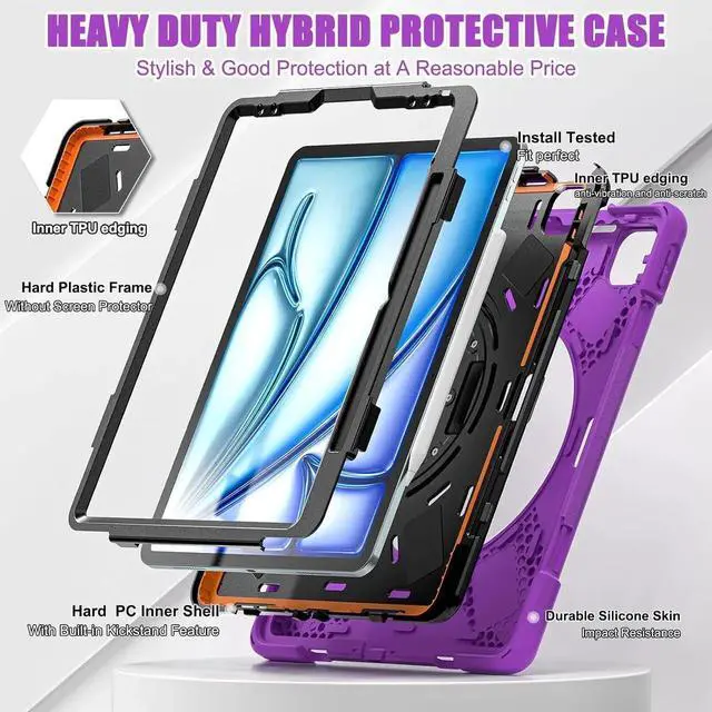 Alt view image 3 of 7 - JAENFONG Case for iPad Air 13 inch (2024) M2 Chip Model A2898/A2899 Heavy Duty Rugged Durability Silicone Tablet Cover with 360° Rotating Hand Strap Foldable Hidden Stand & Shoulder Strap, Purple