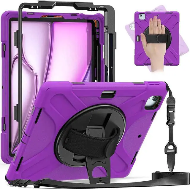 Main image of JAENFONG Case for iPad Air 13 inch (2024) M2 Chip Model A2898/A2899 Heavy Duty Rugged Durability Silicone Tablet Cover with 360° Rotating Hand Strap Foldable Hidden Stand & Shoulder Strap, Purple