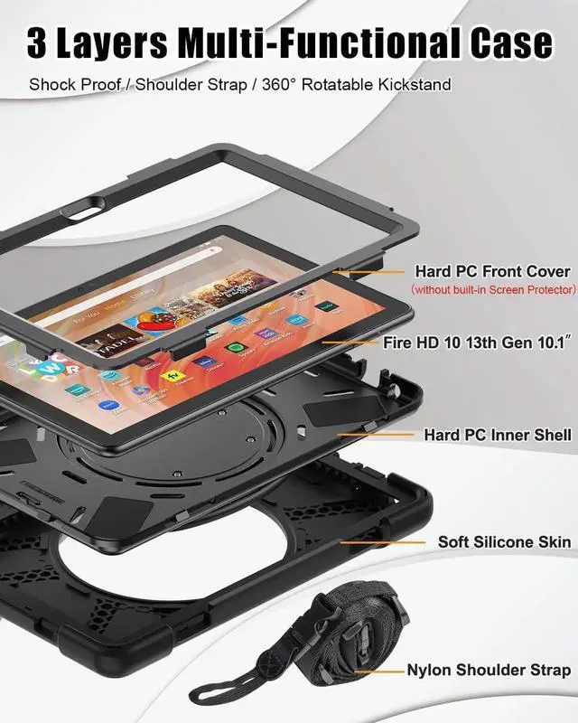 Alt view image 6 of 6 - JAENFONG Shockproof Case for Amazon Fire HD 10 Tablet 10.1 (Only fits 13th generation tablet, 2023 release), Rugged Silicone Cover with 360 Rotating Kickstand & Handle Grip, Shoulder Strap, Black