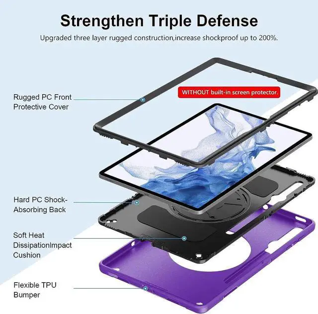 Alt view image 4 of 7 - JAENFONG Case for Galaxy Tab S7 FE/S8 Plus/S7 Plus, Rugged Shockproof Case for Samsung Galaxy Tab S7 FE/S8 Plus/S7 Plus 12.4 Inch with Hand/Shoulder Strap-S Pen Holder-Rotating Kickstand,Purple