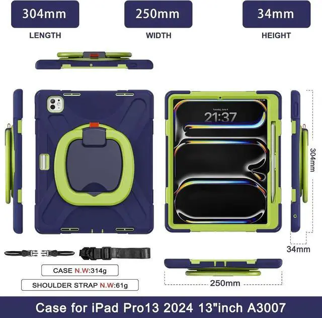 Alt view image 3 of 7 - JAENFONG for iPad Pro 13 inch Case (2024) M4 Chip Model A2925/A2926 Heavy Duty Rugged Durability Silicone Tablet Cover with 360° Rotating Ring Foldable Kickstand & Shoulder Strap, Purple