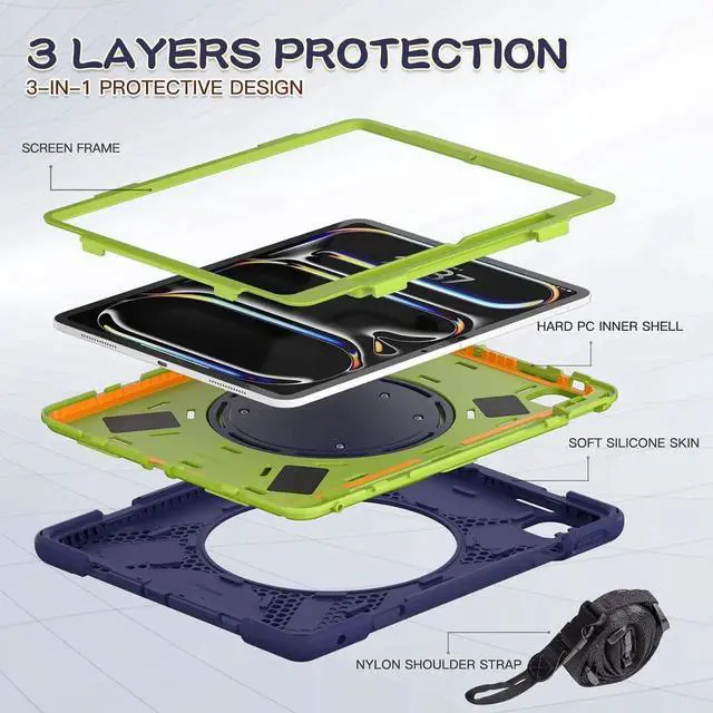 Alt view image 6 of 7 - JAENFONG for iPad Pro 13 inch Case (2024) M4 Chip Model A2925/A2926 Heavy Duty Rugged Durability Silicone Tablet Cover with 360° Rotating Ring Foldable Kickstand & Shoulder Strap, Purple