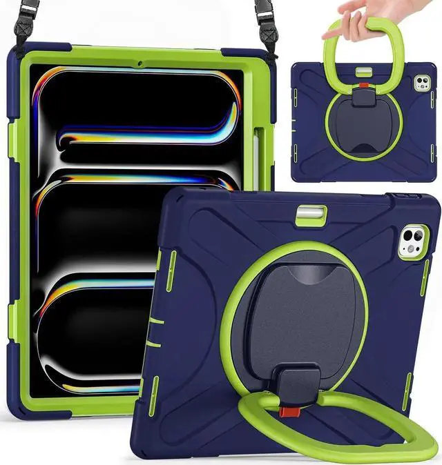 Main image of JAENFONG for iPad Pro 13 inch Case (2024) M4 Chip Model A2925/A2926 Heavy Duty Rugged Durability Silicone Tablet Cover with 360° Rotating Ring Foldable Kickstand & Shoulder Strap, Purple