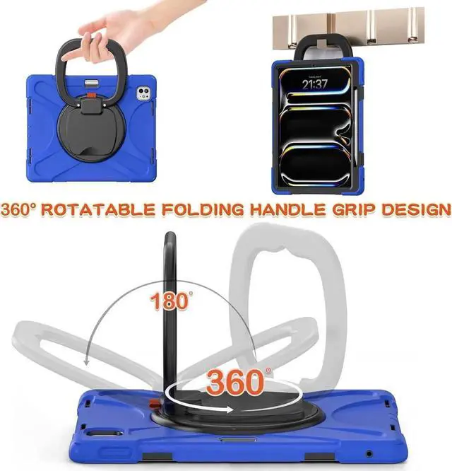 Alt view image 4 of 6 - JAENFONG for iPad Pro 13 inch Case (2024) M4 Chip Model A2925/A2926 Heavy Duty Rugged Durability Silicone Tablet Cover with 360° Rotating Ring Foldable Kickstand & Shoulder Strap, Blue