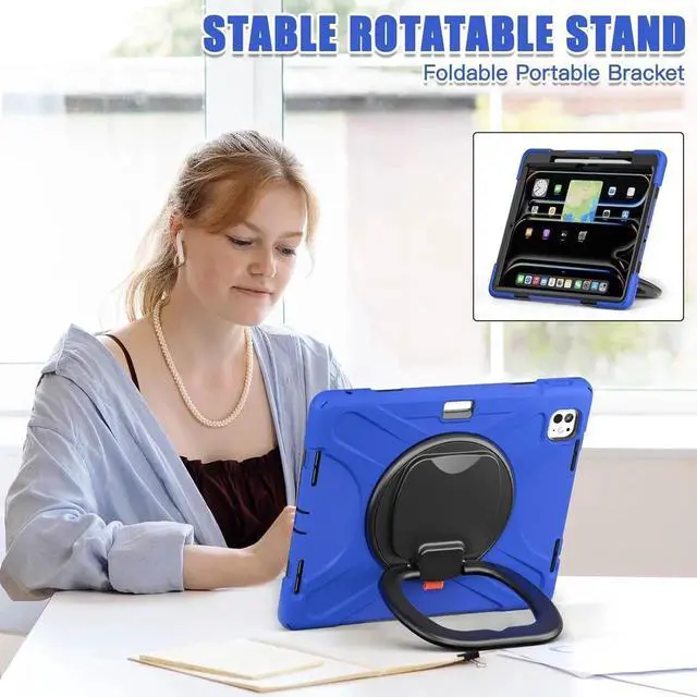 Alt view image 3 of 6 - JAENFONG for iPad Pro 13 inch Case (2024) M4 Chip Model A2925/A2926 Heavy Duty Rugged Durability Silicone Tablet Cover with 360° Rotating Ring Foldable Kickstand & Shoulder Strap, Blue