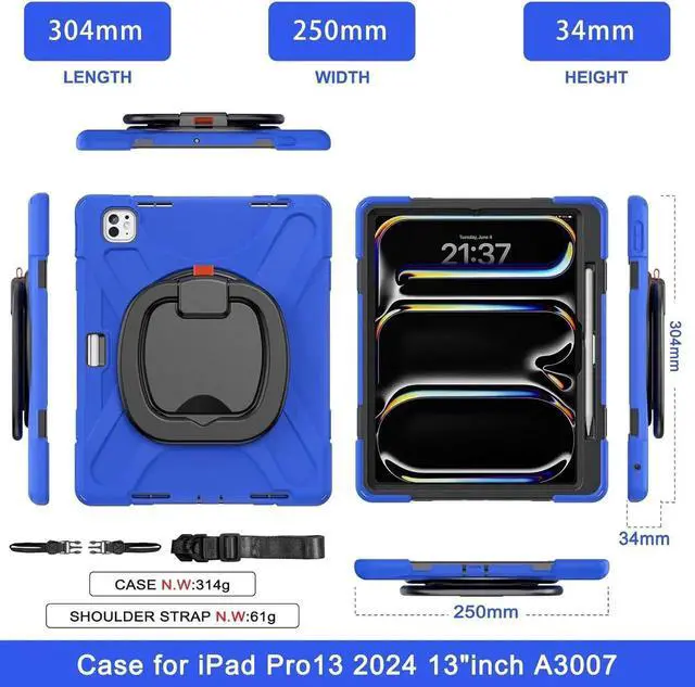 Alt view image 2 of 6 - JAENFONG for iPad Pro 13 inch Case (2024) M4 Chip Model A2925/A2926 Heavy Duty Rugged Durability Silicone Tablet Cover with 360° Rotating Ring Foldable Kickstand & Shoulder Strap, Blue
