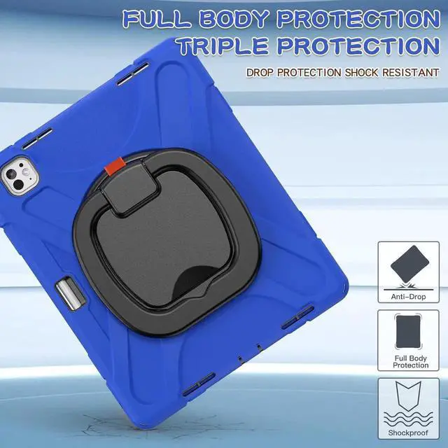 Alt view image 5 of 6 - JAENFONG for iPad Pro 13 inch Case (2024) M4 Chip Model A2925/A2926 Heavy Duty Rugged Durability Silicone Tablet Cover with 360° Rotating Ring Foldable Kickstand & Shoulder Strap, Blue
