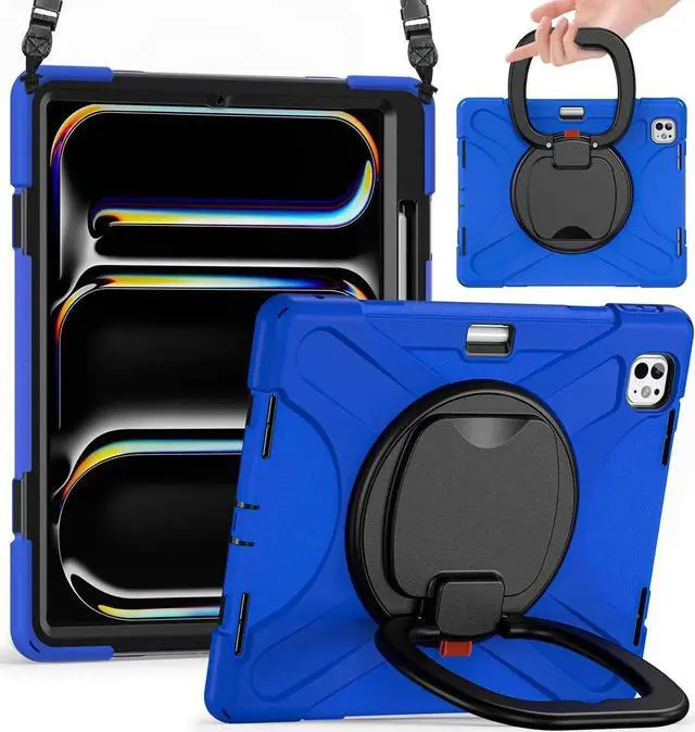 Main image of JAENFONG for iPad Pro 13 inch Case (2024) M4 Chip Model A2925/A2926 Heavy Duty Rugged Durability Silicone Tablet Cover with 360° Rotating Ring Foldable Kickstand & Shoulder Strap, Blue