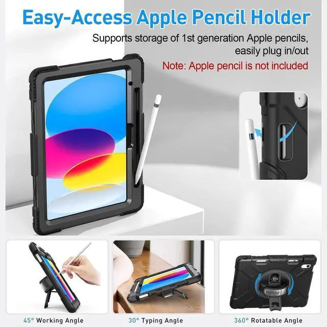 Alt view image 6 of 7 - Case for iPad 11/10th Generation 2025/2022, Upgraded Military Grade Heavy Duty Silicone Protector iPad 11/10th Gen 11/10.9 inch 2022 Cover Pencil Holder+ Rotating Stand+ Handle+ Shoulder Strap(Black)