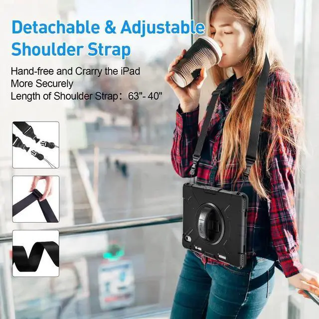 Alt view image 5 of 7 - Case for iPad 11/10th Generation 2025/2022, Upgraded Military Grade Heavy Duty Silicone Protector iPad 11/10th Gen 11/10.9 inch 2022 Cover Pencil Holder+ Rotating Stand+ Handle+ Shoulder Strap(Black)