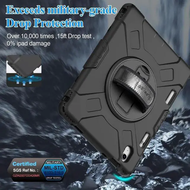 Alt view image 3 of 7 - Case for iPad 11/10th Generation 2025/2022, Upgraded Military Grade Heavy Duty Silicone Protector iPad 11/10th Gen 11/10.9 inch 2022 Cover Pencil Holder+ Rotating Stand+ Handle+ Shoulder Strap(Black)