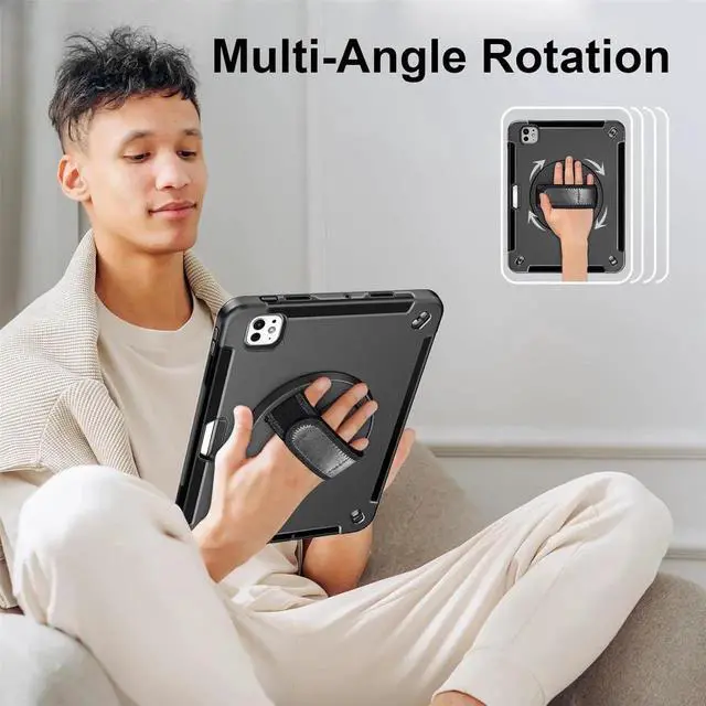 Alt view image 3 of 7 - JAENFONG Case for 2024 iPad Pro 11-Inch M4 (2024, 5th Gen), Military Grade Silicone Protective Cover W/Pencil Holder - 360° Rotating Stand - Handle - Shoulder Strap