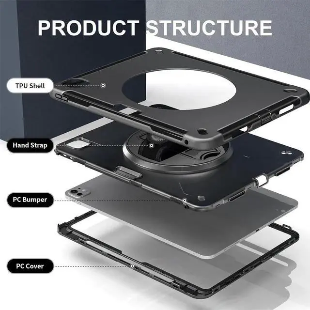 Alt view image 2 of 7 - JAENFONG Case for 2024 iPad Pro 11-Inch M4 (2024, 5th Gen), Military Grade Silicone Protective Cover W/Pencil Holder - 360° Rotating Stand - Handle - Shoulder Strap