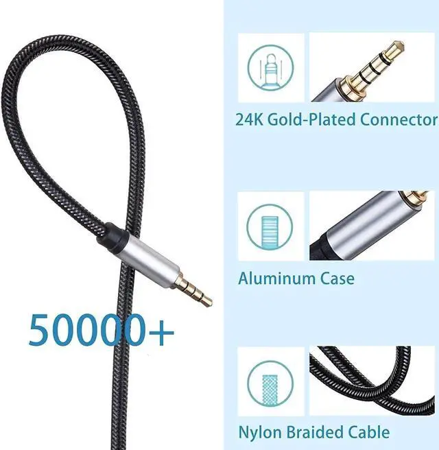 Alt view image 4 of 7 - Male to Male Audio Cable 6Ft 3.5mm 4 Pole Nylon Braided Stereo Aux Cord for Headphones PS4 Phone Tablets Headset PC Laptop and More(6Ft/2M)