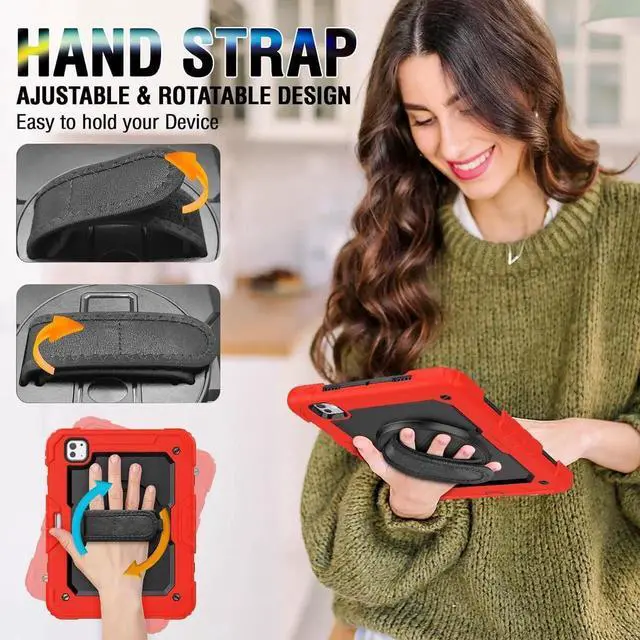 Alt view image 3 of 6 - JAENFONG iPad Pro 11 Inch M4 Case 2024 for Kids with Screen Protector Pen Holder | Heavy Duty Shockproof Cover W/Stand Hand Strap Shoulder Strap for iPad Pro 11'' Model A2836/A2837/A3006 | Red