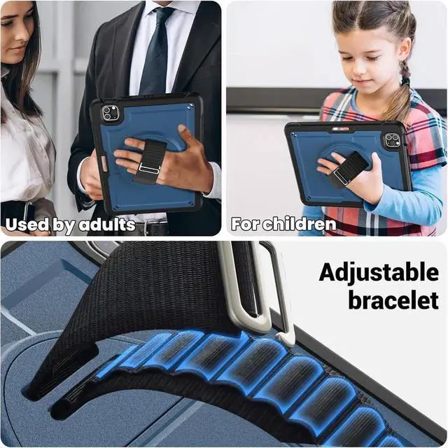 Alt view image 7 of 7 - JAENFONG Case for iPad Air 5 (2022) M1 Chip/iPad Air 4th 2020 10.9 inch Multilayered Rugged Durable Shockproof Tablet Cover with 360° Rotating Hand Strap Foldable Hidden Stand, Navy Blue