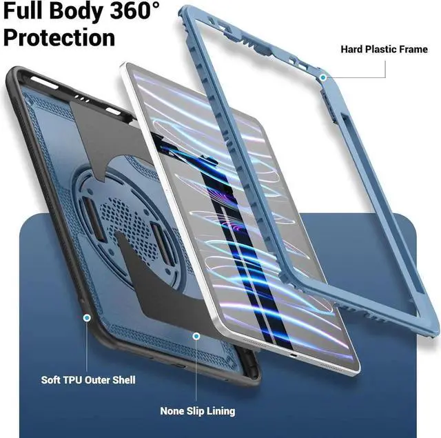 Alt view image 4 of 7 - JAENFONG Case for iPad Air 5 (2022) M1 Chip/iPad Air 4th 2020 10.9 inch Multilayered Rugged Durable Shockproof Tablet Cover with 360° Rotating Hand Strap Foldable Hidden Stand, Navy Blue