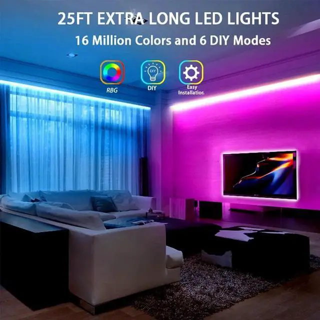 Alt view image 4 of 6 - Led Lights for Bedroom 25ft RGB 5050 Led Strip Lights Color Changing Kit with 44 Keys Remote Controller and 12V Power Supply Led Light Strips Indoor Decoration Easter Decor