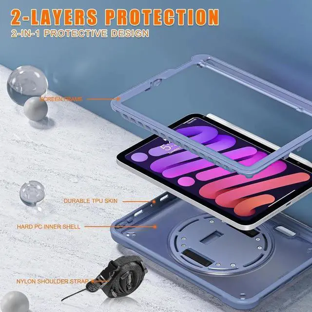 Alt view image 7 of 7 - JAENFONG Case for iPad Mini 6 8.3 Inch 2021 with Pencil Holder Heavy Duty Rugged Shockproof Tablet Cover with 360° Rotating Hand Strap Foldable Hidden Stand & Shoulder Strap, Lavender