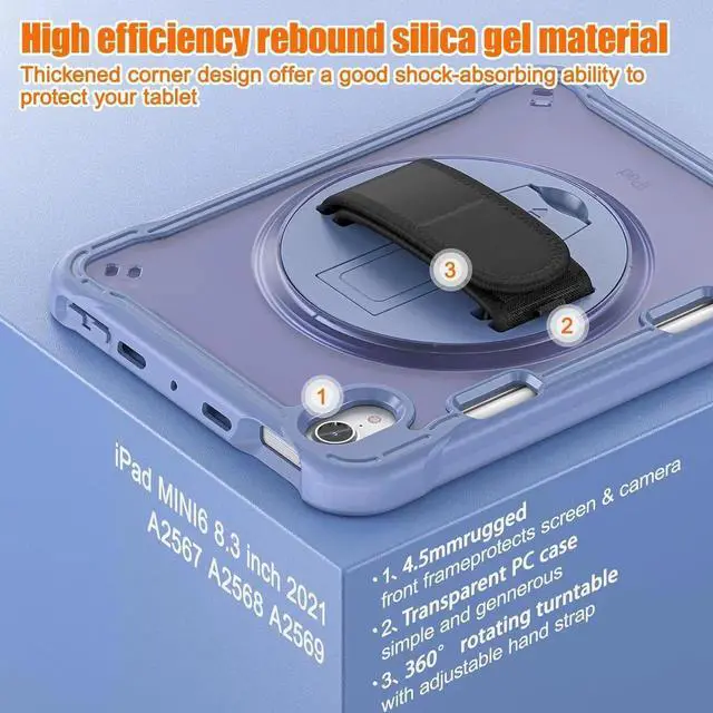 Alt view image 5 of 7 - JAENFONG Case for iPad Mini 6 8.3 Inch 2021 with Pencil Holder Heavy Duty Rugged Shockproof Tablet Cover with 360° Rotating Hand Strap Foldable Hidden Stand & Shoulder Strap, Lavender