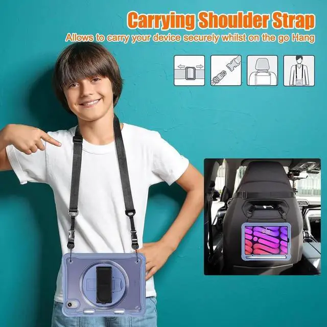 Alt view image 4 of 7 - JAENFONG Case for iPad Mini 6 8.3 Inch 2021 with Pencil Holder Heavy Duty Rugged Shockproof Tablet Cover with 360° Rotating Hand Strap Foldable Hidden Stand & Shoulder Strap, Lavender