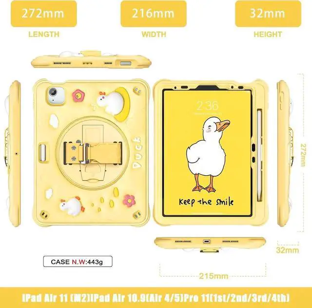 Alt view image 3 of 7 - JAENFONG Kids Case for iPad Pro 11 inch 2024 Adorable 3D Duck Design Silicone Durable Multi-Layer Protection, 360° Rotating Hand Strap and Kickstand, Built-in Pen Slot, Safe and Fun Use