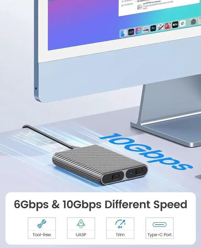 Alt view image 6 of 6 - Dual M.2 NVMe with SATA SSD Enclosure, USB C to M2 Adapter for M Key PCIe & B+M Key 2230/2242/2260/2280 M.2 SSDs, Tool-Free Installation Aluminum M.2 Reader Support Trim and UASP up to 2x4TB