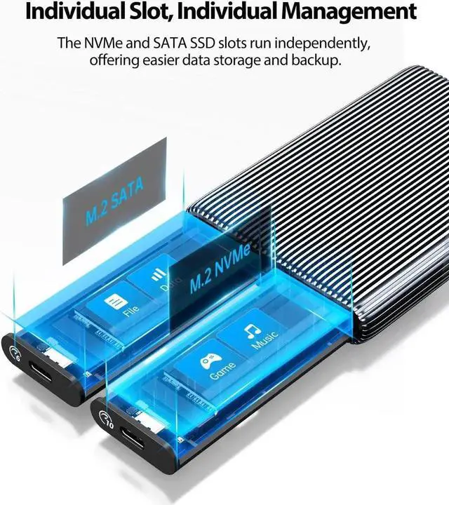 Alt view image 5 of 6 - Dual M.2 NVMe with SATA SSD Enclosure, USB C to M2 Adapter for M Key PCIe & B+M Key 2230/2242/2260/2280 M.2 SSDs, Tool-Free Installation Aluminum M.2 Reader Support Trim and UASP up to 2x4TB