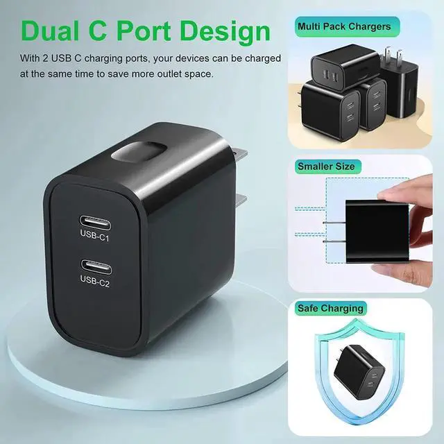 Alt view image 3 of 7 - USB C Wall Charger, Bangfun 4 Pack Dual Port PD 3.0 Fast Charging Block 20 Watt USB C Power Adapter Compatible iPhone 14/13/12/11 Pro Max/XR/XS/SE/8/7 Plus, Samsung S22/S21/A14(Black) - OEM