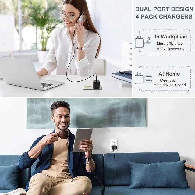 Alt view image 6 of 7 - USB C Wall Charger, Bangfun 4 Pack Dual Port PD 3.0 Fast Charging Block 20 Watt USB C Power Adapter Compatible iPhone 14/13/12/11 Pro Max/XR/XS/SE/8/7 Plus, Samsung S22/S21/A14(Black) - OEM