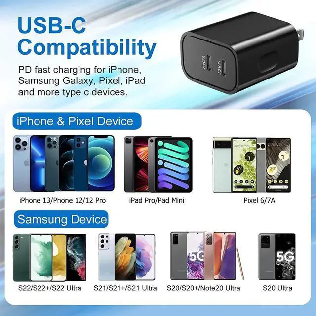 Alt view image 7 of 7 - USB C Wall Charger, Bangfun 4 Pack Dual Port PD 3.0 Fast Charging Block 20 Watt USB C Power Adapter Compatible iPhone 14/13/12/11 Pro Max/XR/XS/SE/8/7 Plus, Samsung S22/S21/A14(Black) - OEM