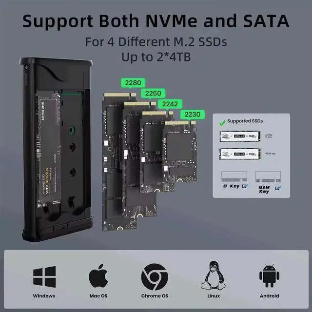 Alt view image 3 of 6 - Dual M.2 NVMe with SATA SSD Enclosure, USB C to M2 Adapter for M Key PCIe & B+M Key 2230/2242/2260/2280 M.2 SSDs, Tool-Free Installation M.2 Reader Support Trim and UASP up to 2x4TB