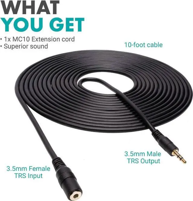 Alt view image 5 of 7 - MC10 3.5mm Audio Cable - 3.5mm TRS Female to Male 10ft Extension Cord for Microphones Headphones and More