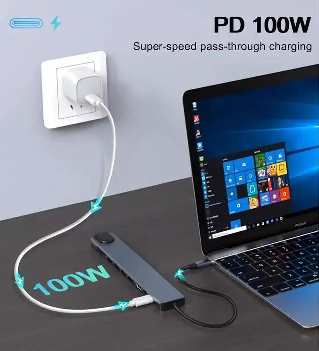Alt view image 3 of 7 - USB C Hub Ethernet HDMI Adapter 10 in 1 Laptop Docking Station with 4K HDMI RJ45 Ethernet SD/TF Card Reader USB 3.0/2.0 PD 100W LAN USB-C Dongle for MacBook Pro/Air iPad Pro XPS etc