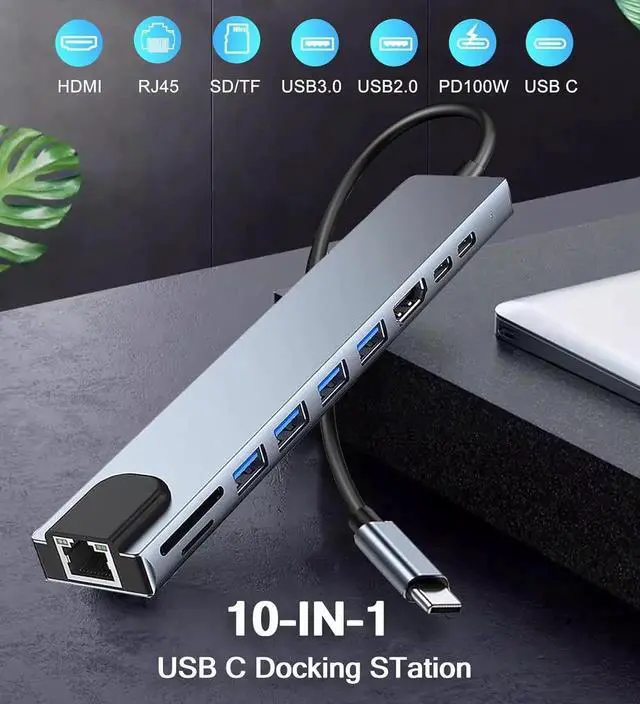 Alt view image 2 of 7 - USB C Hub Ethernet HDMI Adapter 10 in 1 Laptop Docking Station with 4K HDMI RJ45 Ethernet SD/TF Card Reader USB 3.0/2.0 PD 100W LAN USB-C Dongle for MacBook Pro/Air iPad Pro XPS etc