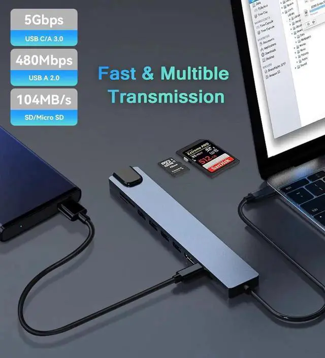 Alt view image 4 of 7 - USB C Hub Ethernet HDMI Adapter 10 in 1 Laptop Docking Station with 4K HDMI RJ45 Ethernet SD/TF Card Reader USB 3.0/2.0 PD 100W LAN USB-C Dongle for MacBook Pro/Air iPad Pro XPS etc