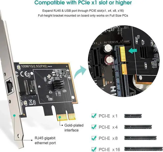 Alt view image 7 of 7 - (Upgraded) 2.5GBase-T PCIe Network Adapter, 2500/1000/100Mbps PCI Express Gigabit Ethernet Card RJ45 LAN Controller Support Windows Server/Windows, Standard and Low-Profile Brackets Included