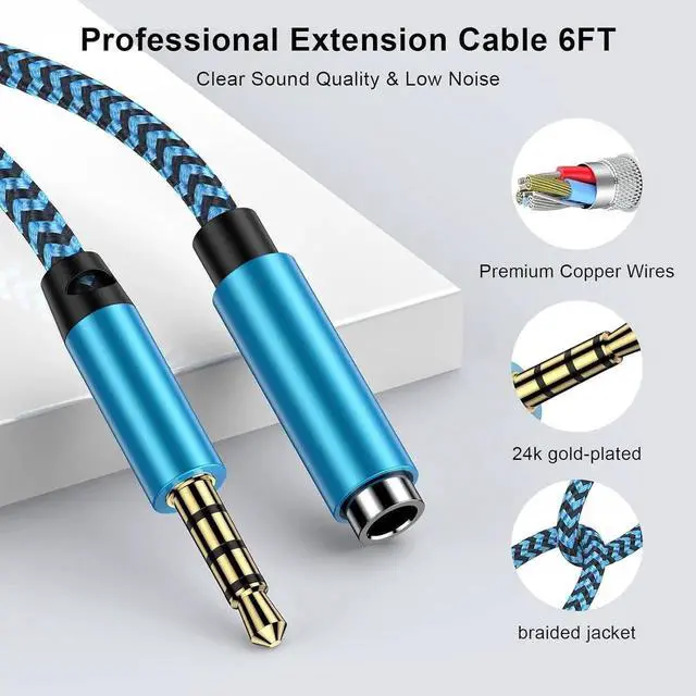 Alt view image 7 of 7 - Headphone Extension Cable 6FT 3.5mm Extension Audio Cable Male to Female Aux Adapter Hi-Fi Sound Stereo Extender TRRS Braided Aux Cord for Headset iPhone iPad Pixel Smartphones Media Players