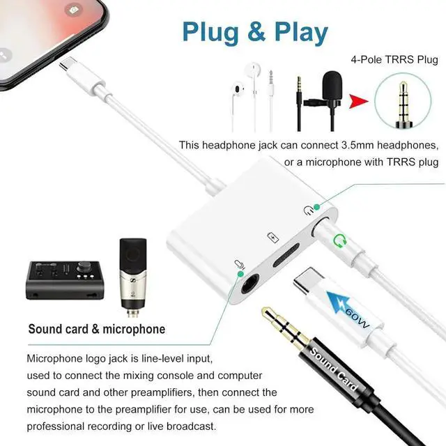 Alt view image 2 of 7 - USB C to Microphone Adapter for Live-Streaming Type C to Microphone & 3.5mm Headphone Adapter with Charging Port USB C Audio & MIC Splitter Compatible for iPhone 15/16/iPad Pro/Galaxy 24 23/Pixel 9 8