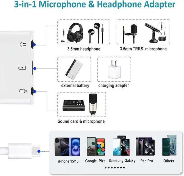 Alt view image 6 of 7 - USB C to Microphone Adapter for Live-Streaming Type C to Microphone & 3.5mm Headphone Adapter with Charging Port USB C Audio & MIC Splitter Compatible for iPhone 15/16/iPad Pro/Galaxy 24 23/Pixel 9 8