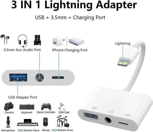 Alt view image 3 of 7 - USB + 3.5mm AUX Adapter for iPhone/iPad, USB Camera Adapter and 3.5mm Headphone Audio Jack Adapter with iPhone Charger Splitter, 3 in 1 USB OTG Adapter for iPhone iPad,USB Flash Drive, Keyboard, Mouse