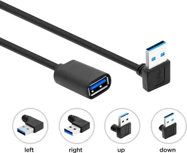 Alt view image 7 of 7 - 90 Degree USB 3.0 Extension Cable Black USB 3.0 Male to Female Extender Cord 30cm (Down Angle)