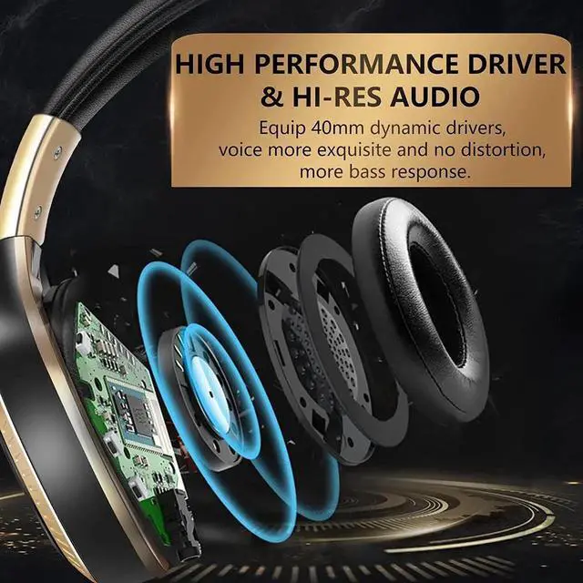 Alt view image 4 of 6 - Active Noise Cancelling Headphones Bluetooth Headphones Wireless Wired Over Ear Headphones with Microphone Foldable Gaming Headset Stereo Bass 20H Playtime for Laptop Smartphone Tablet TV Gold
