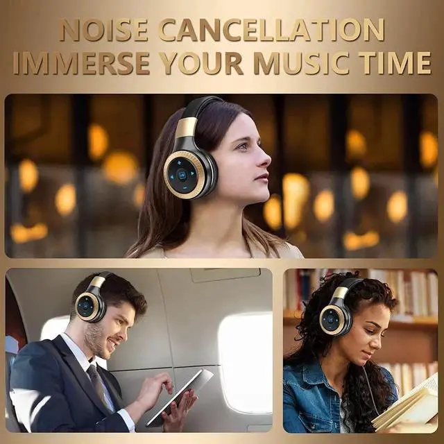 Alt view image 2 of 6 - Active Noise Cancelling Headphones Bluetooth Headphones Wireless Wired Over Ear Headphones with Microphone Foldable Gaming Headset Stereo Bass 20H Playtime for Laptop Smartphone Tablet TV Gold