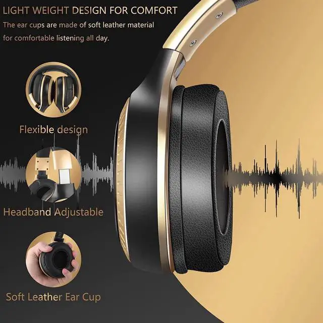 Alt view image 5 of 6 - Active Noise Cancelling Headphones Bluetooth Headphones Wireless Wired Over Ear Headphones with Microphone Foldable Gaming Headset Stereo Bass 20H Playtime for Laptop Smartphone Tablet TV Gold