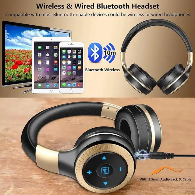 Alt view image 3 of 6 - Active Noise Cancelling Headphones Bluetooth Headphones Wireless Wired Over Ear Headphones with Microphone Foldable Gaming Headset Stereo Bass 20H Playtime for Laptop Smartphone Tablet TV Gold
