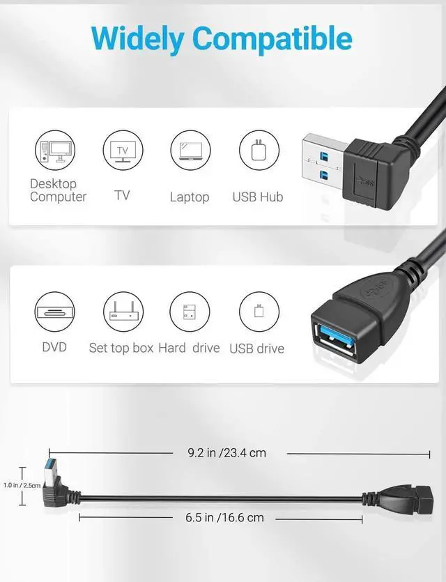 Alt view image 6 of 7 - 2 Pack SuperSpeed USB 3.0 Angle Male to Female Extension Cable 6 Inch Convertor Adapter Extender Cord Up Angle and Down Angle one Each
