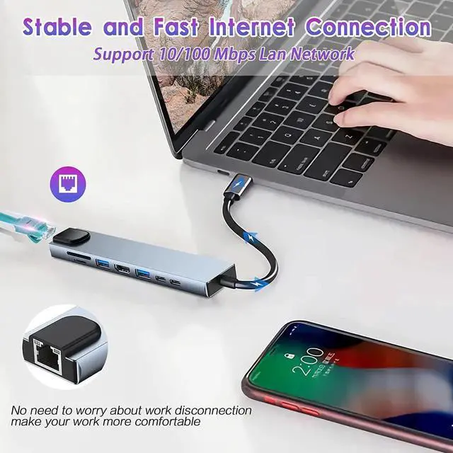Alt view image 7 of 7 - USB C HUB, 8 in 1 USB C Adapter with 4K HDMI, 100W PD, USB C Port, USB 3.0, RJ45 Ethernet, SD/TF Card Reader, Docking Station Compatible with MacBook Pro/Air USB C Laptops and Other Type C Devices